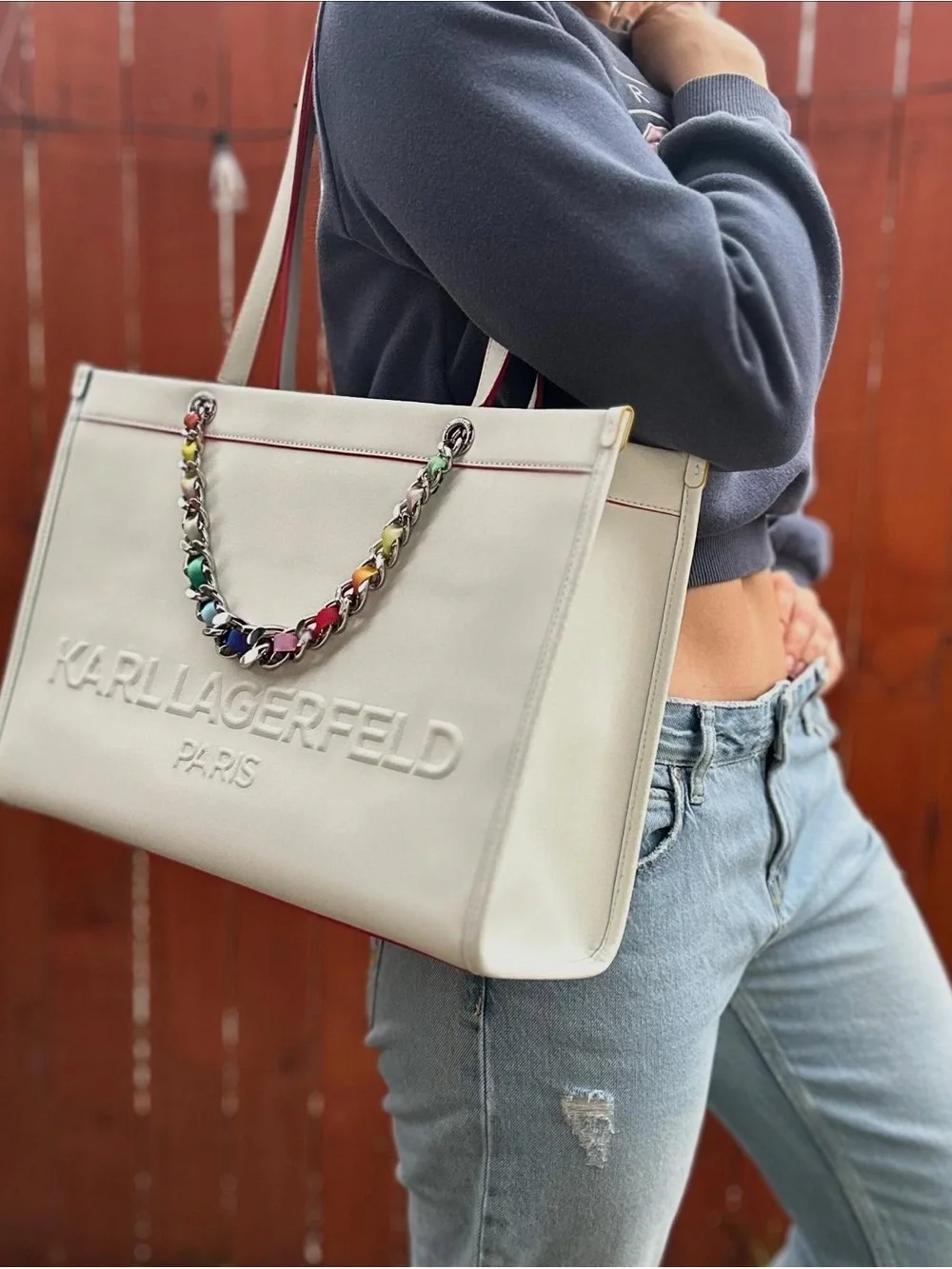 Karl Lagerfeld Large White Leather Carry-All Tote Laptop Purse Bag Rainbow Chain